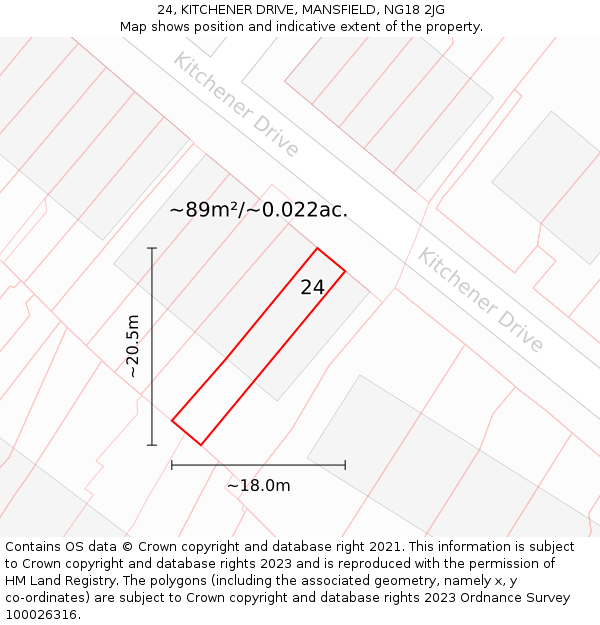 24, KITCHENER DRIVE, MANSFIELD, NG18 2JG: Plot and title map