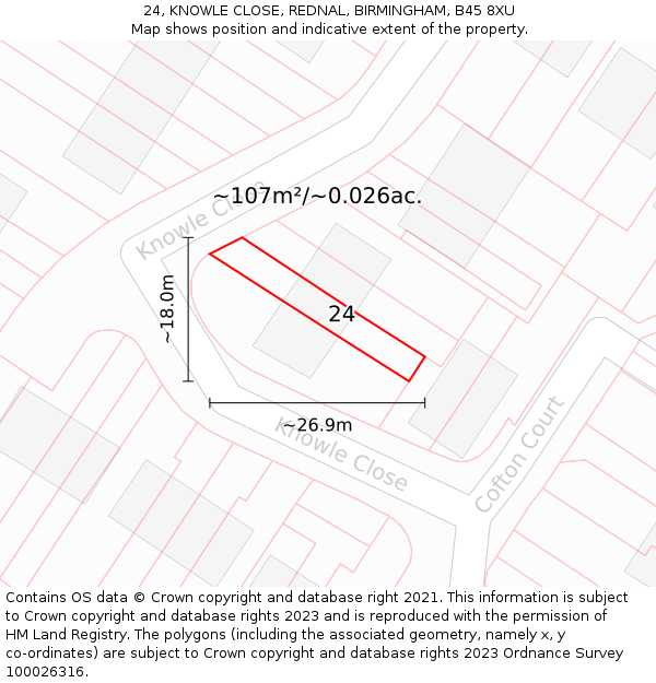24, KNOWLE CLOSE, REDNAL, BIRMINGHAM, B45 8XU: Plot and title map