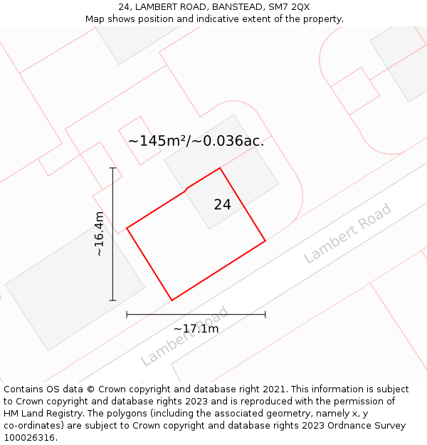 24, LAMBERT ROAD, BANSTEAD, SM7 2QX: Plot and title map