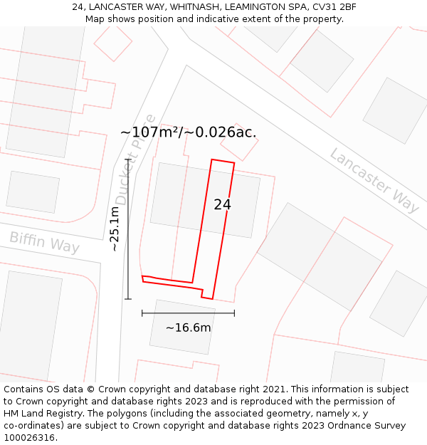 24, LANCASTER WAY, WHITNASH, LEAMINGTON SPA, CV31 2BF: Plot and title map
