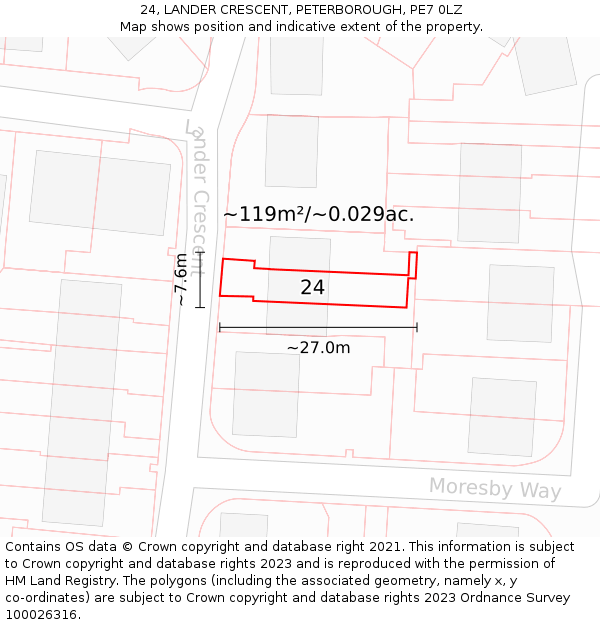 24, LANDER CRESCENT, PETERBOROUGH, PE7 0LZ: Plot and title map