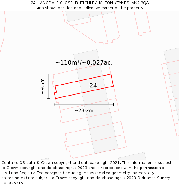 24, LANGDALE CLOSE, BLETCHLEY, MILTON KEYNES, MK2 3QA: Plot and title map