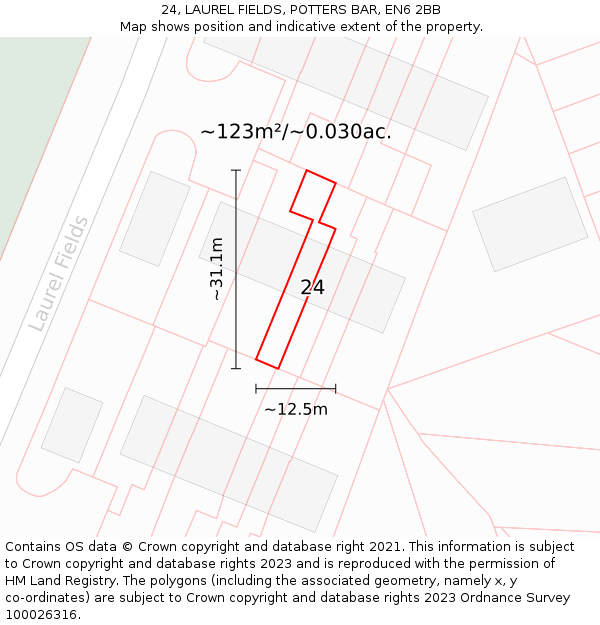 24, LAUREL FIELDS, POTTERS BAR, EN6 2BB: Plot and title map