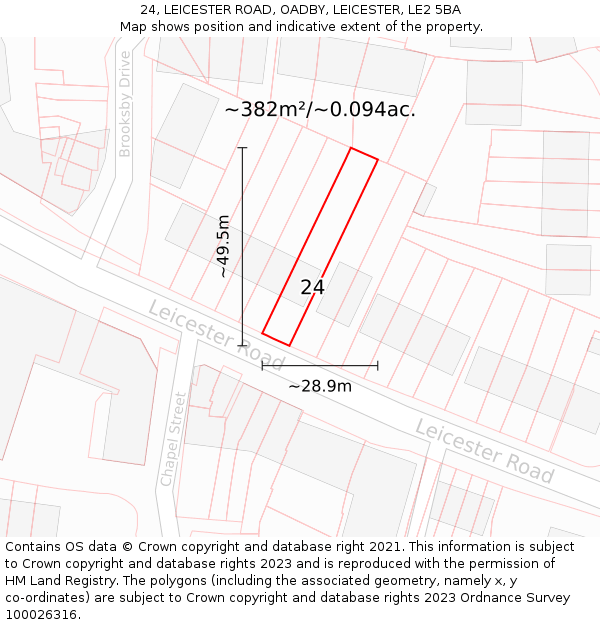 24, LEICESTER ROAD, OADBY, LEICESTER, LE2 5BA: Plot and title map