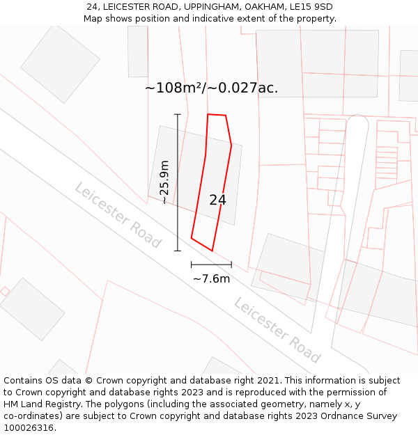 24, LEICESTER ROAD, UPPINGHAM, OAKHAM, LE15 9SD: Plot and title map