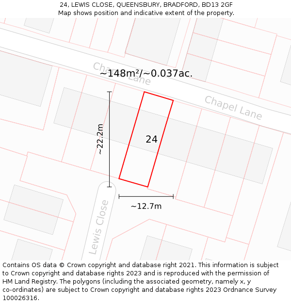 24, LEWIS CLOSE, QUEENSBURY, BRADFORD, BD13 2GF: Plot and title map
