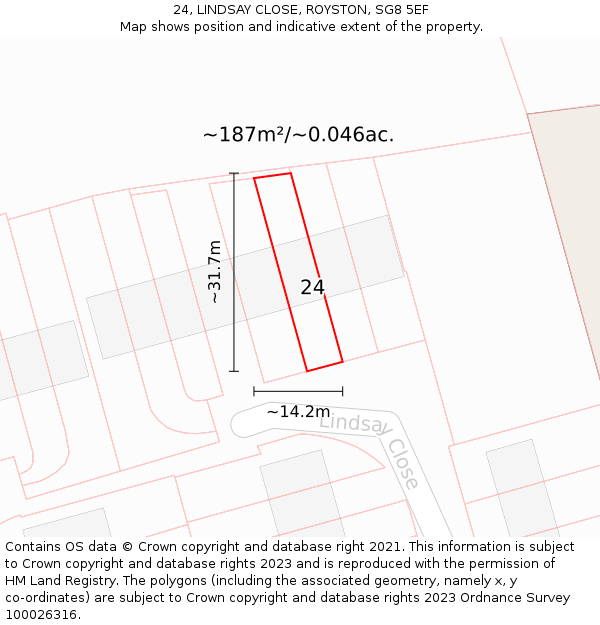 24, LINDSAY CLOSE, ROYSTON, SG8 5EF: Plot and title map