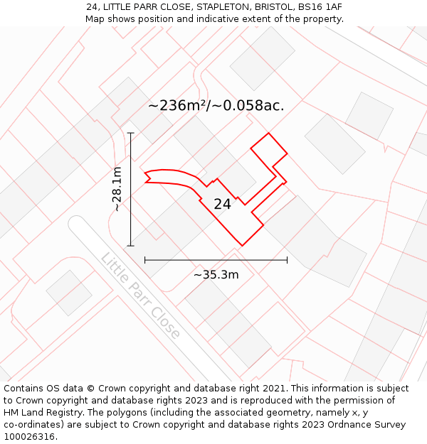 24, LITTLE PARR CLOSE, STAPLETON, BRISTOL, BS16 1AF: Plot and title map