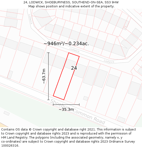 24, LODWICK, SHOEBURYNESS, SOUTHEND-ON-SEA, SS3 9HW: Plot and title map
