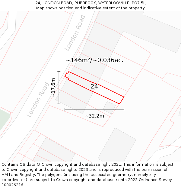 24, LONDON ROAD, PURBROOK, WATERLOOVILLE, PO7 5LJ: Plot and title map