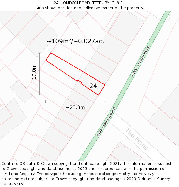 24, LONDON ROAD, TETBURY, GL8 8JL: Plot and title map