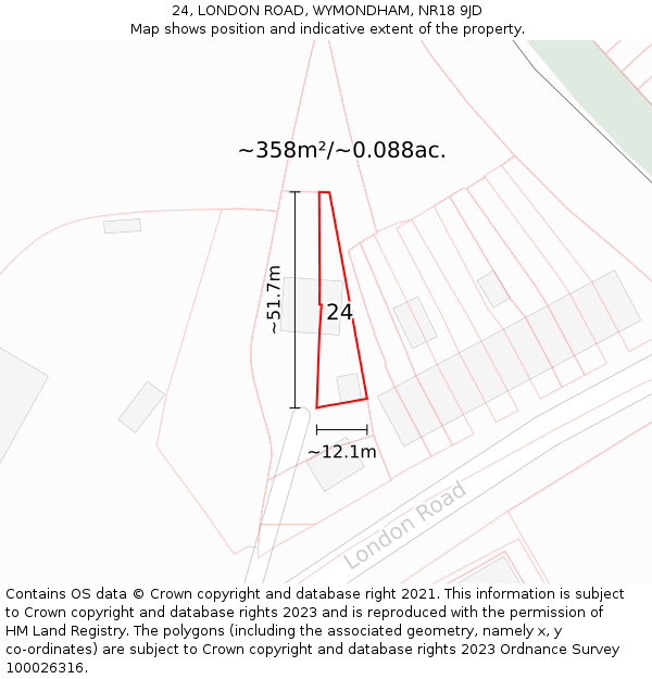 24, LONDON ROAD, WYMONDHAM, NR18 9JD: Plot and title map