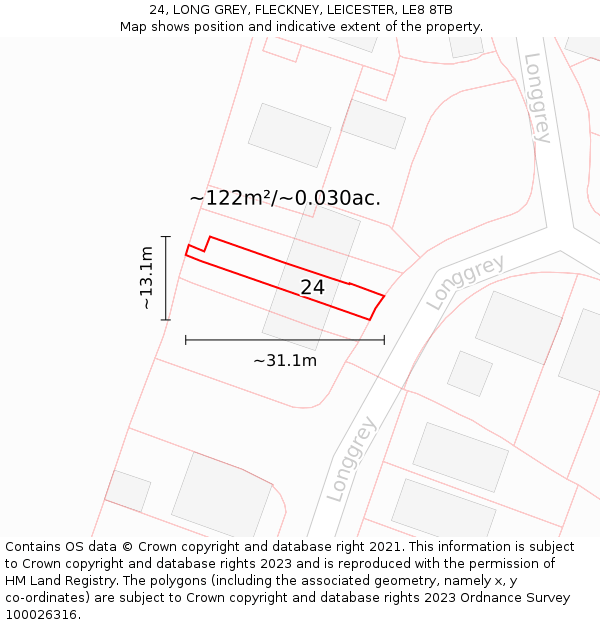 24, LONG GREY, FLECKNEY, LEICESTER, LE8 8TB: Plot and title map
