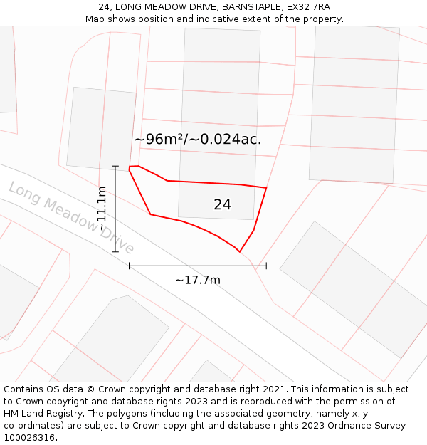 24, LONG MEADOW DRIVE, BARNSTAPLE, EX32 7RA: Plot and title map