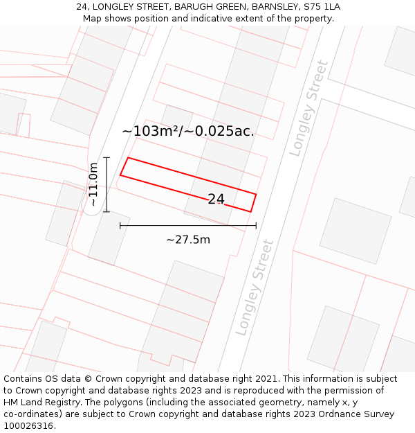 24, LONGLEY STREET, BARUGH GREEN, BARNSLEY, S75 1LA: Plot and title map