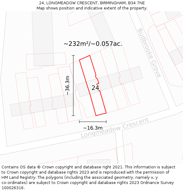24, LONGMEADOW CRESCENT, BIRMINGHAM, B34 7NE: Plot and title map