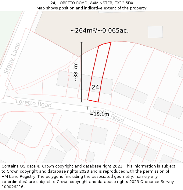 24, LORETTO ROAD, AXMINSTER, EX13 5BX: Plot and title map