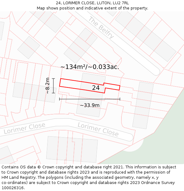 24, LORIMER CLOSE, LUTON, LU2 7RL: Plot and title map