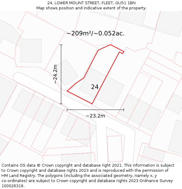 24, LOWER MOUNT STREET, FLEET, GU51 1BN: Plot and title map