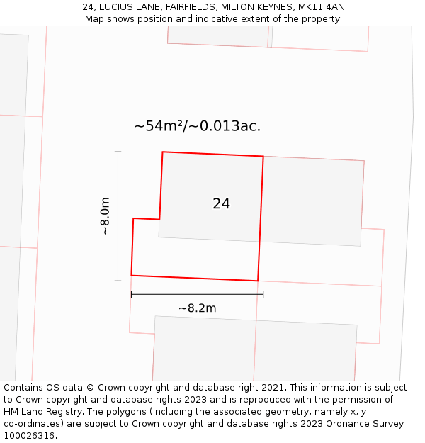 24, LUCIUS LANE, FAIRFIELDS, MILTON KEYNES, MK11 4AN: Plot and title map