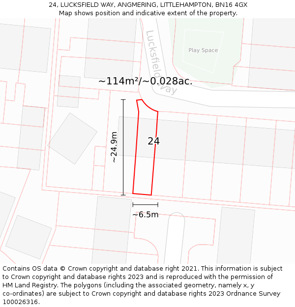 24, LUCKSFIELD WAY, ANGMERING, LITTLEHAMPTON, BN16 4GX: Plot and title map