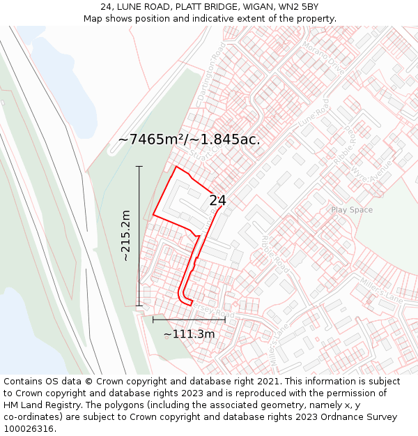 24, LUNE ROAD, PLATT BRIDGE, WIGAN, WN2 5BY: Plot and title map