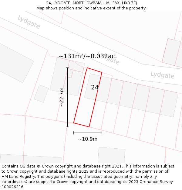 24, LYDGATE, NORTHOWRAM, HALIFAX, HX3 7EJ: Plot and title map