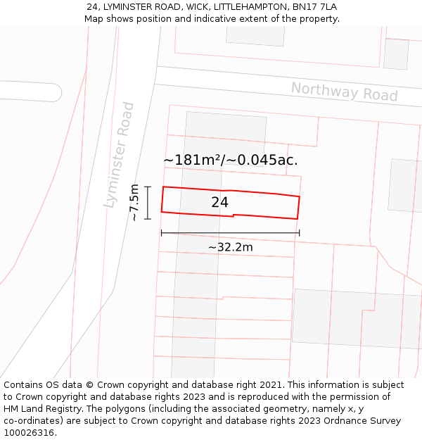 24, LYMINSTER ROAD, WICK, LITTLEHAMPTON, BN17 7LA: Plot and title map