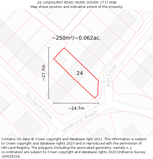 24, LYNDHURST ROAD, RIVER, DOVER, CT17 0NB: Plot and title map