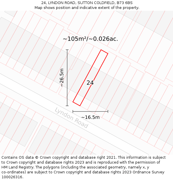 24, LYNDON ROAD, SUTTON COLDFIELD, B73 6BS: Plot and title map
