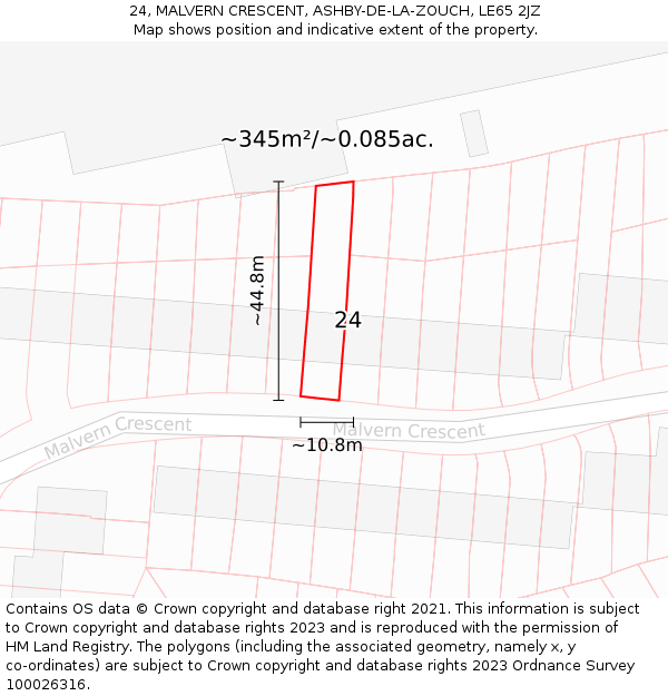 24, MALVERN CRESCENT, ASHBY-DE-LA-ZOUCH, LE65 2JZ: Plot and title map