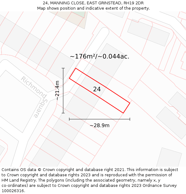 24, MANNING CLOSE, EAST GRINSTEAD, RH19 2DR: Plot and title map