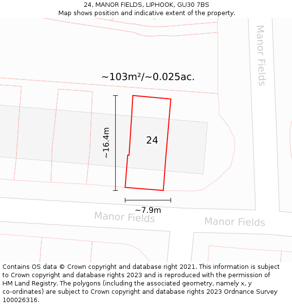 24, MANOR FIELDS, LIPHOOK, GU30 7BS: Plot and title map