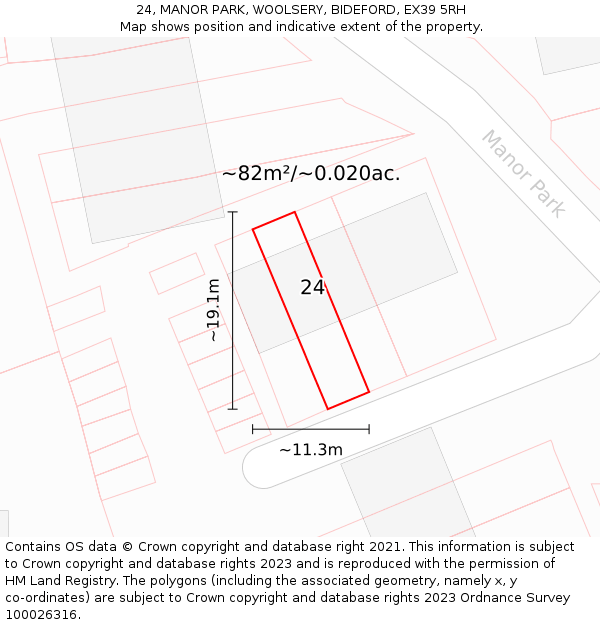 24, MANOR PARK, WOOLSERY, BIDEFORD, EX39 5RH: Plot and title map