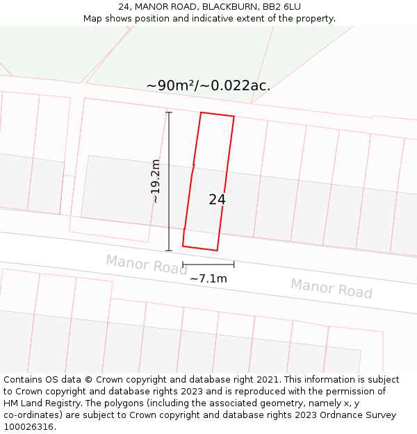 24, MANOR ROAD, BLACKBURN, BB2 6LU: Plot and title map
