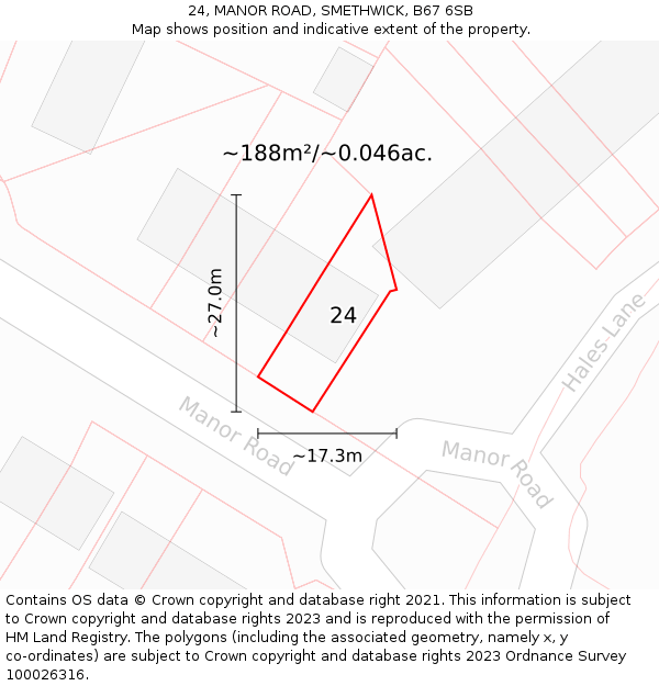 24, MANOR ROAD, SMETHWICK, B67 6SB: Plot and title map