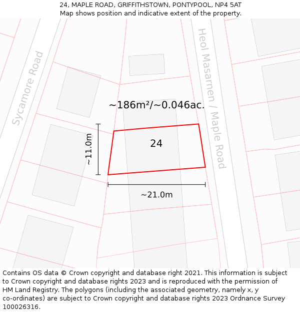 24, MAPLE ROAD, GRIFFITHSTOWN, PONTYPOOL, NP4 5AT: Plot and title map