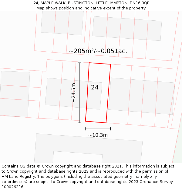 24, MAPLE WALK, RUSTINGTON, LITTLEHAMPTON, BN16 3QP: Plot and title map
