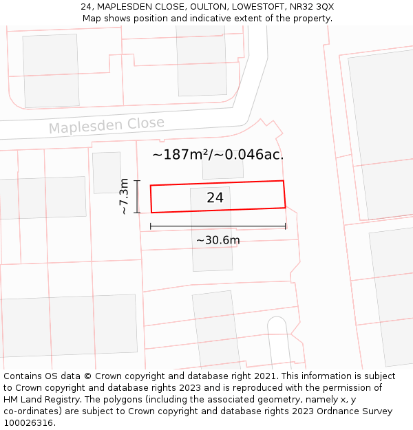 24, MAPLESDEN CLOSE, OULTON, LOWESTOFT, NR32 3QX: Plot and title map