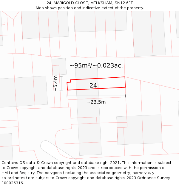 24, MARIGOLD CLOSE, MELKSHAM, SN12 6FT: Plot and title map