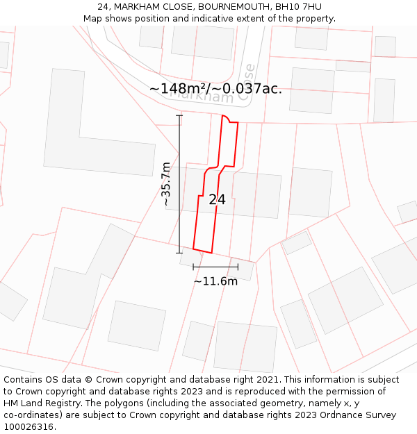 24, MARKHAM CLOSE, BOURNEMOUTH, BH10 7HU: Plot and title map