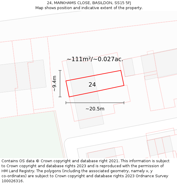 24, MARKHAMS CLOSE, BASILDON, SS15 5FJ: Plot and title map
