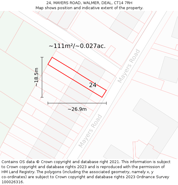 24, MAYERS ROAD, WALMER, DEAL, CT14 7RH: Plot and title map