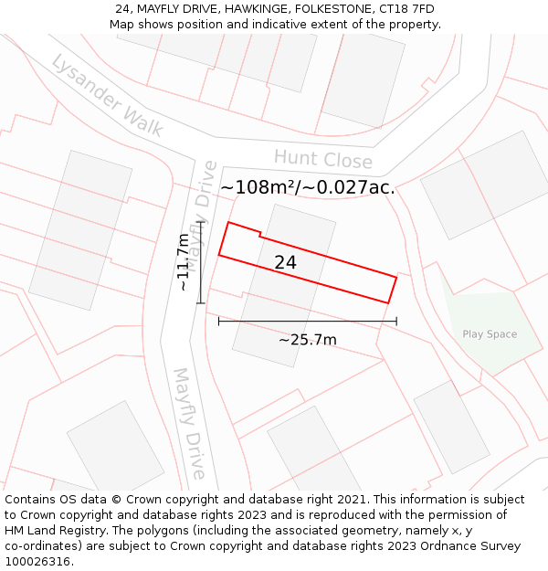 24, MAYFLY DRIVE, HAWKINGE, FOLKESTONE, CT18 7FD: Plot and title map