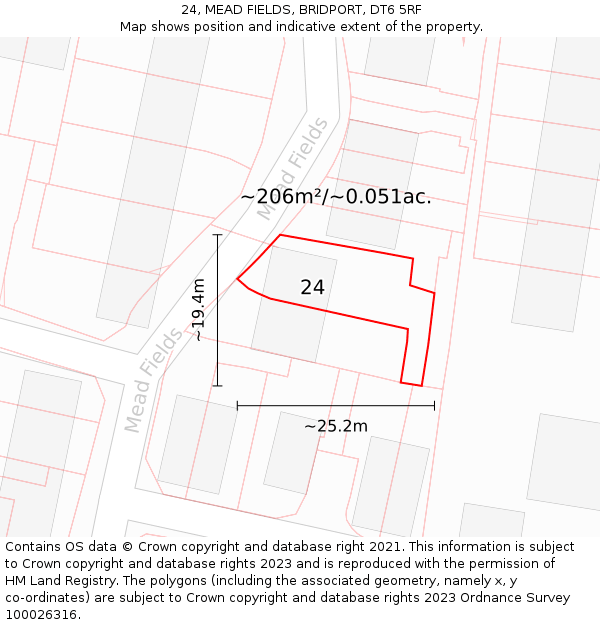 24, MEAD FIELDS, BRIDPORT, DT6 5RF: Plot and title map