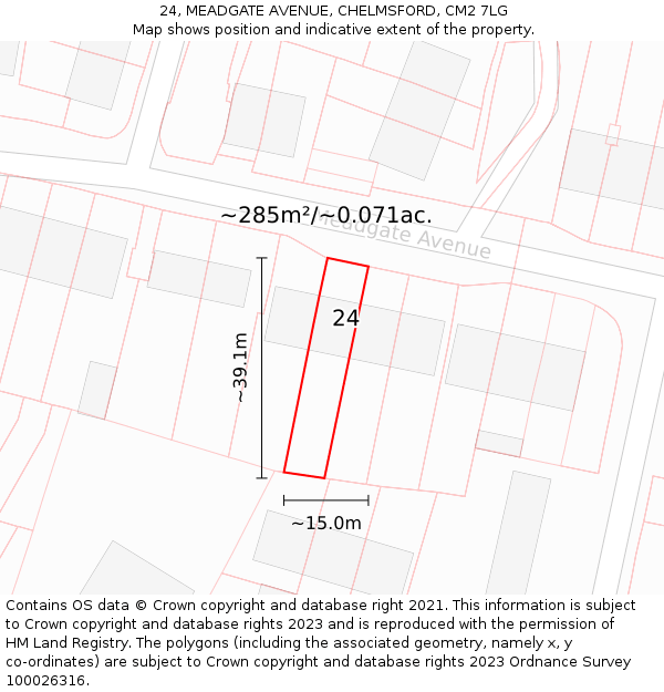 24, MEADGATE AVENUE, CHELMSFORD, CM2 7LG: Plot and title map