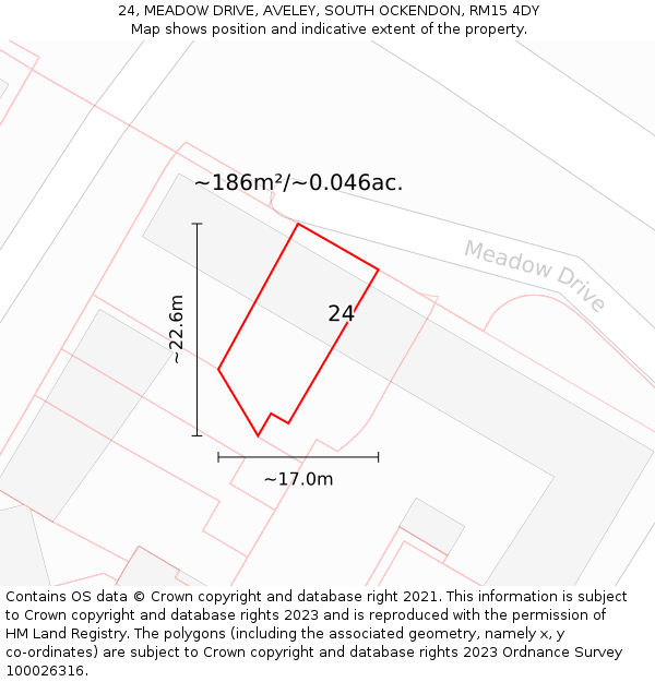 24, MEADOW DRIVE, AVELEY, SOUTH OCKENDON, RM15 4DY: Plot and title map