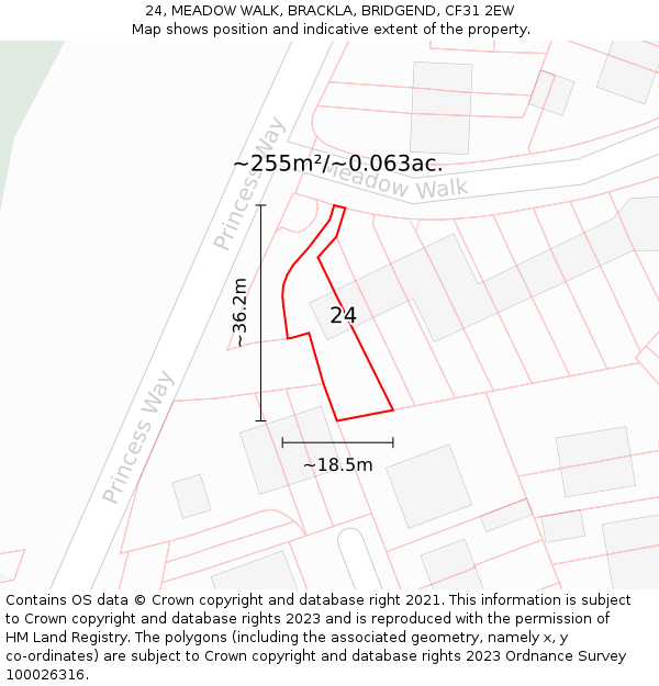 24, MEADOW WALK, BRACKLA, BRIDGEND, CF31 2EW: Plot and title map