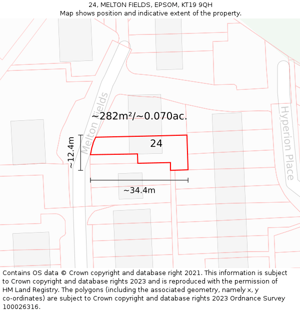 24, MELTON FIELDS, EPSOM, KT19 9QH: Plot and title map