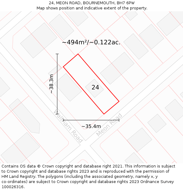 24, MEON ROAD, BOURNEMOUTH, BH7 6PW: Plot and title map